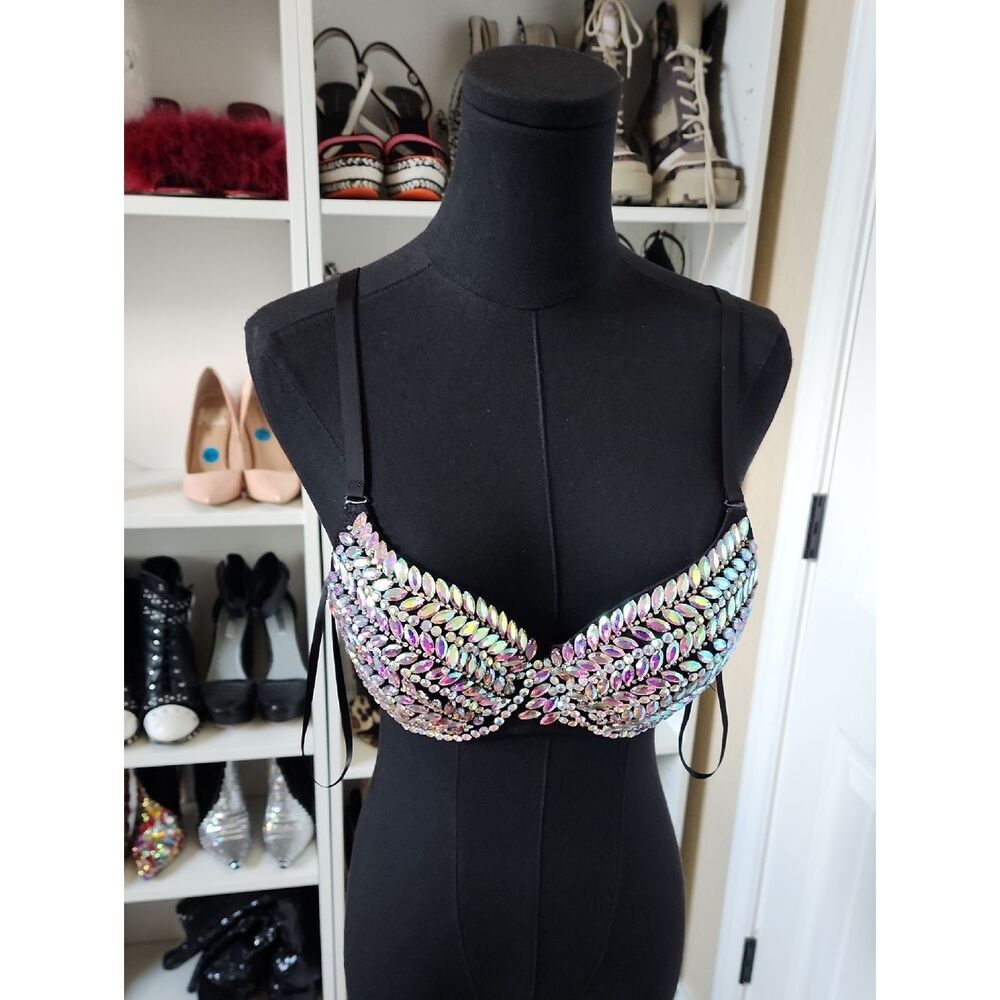 Love Iridescent Crystal Embellished Bra with Black Straps